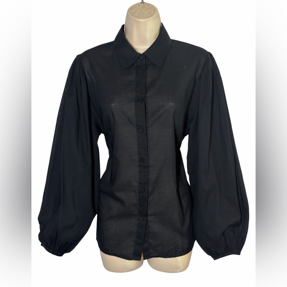 Banana Republic Cotton Voile Black Women's  Shirt Plated Balloon Sleeve L NEW - Picture 2 of 16